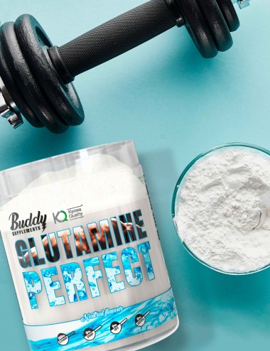 commandant costaud acides aminés GLUTAMINE PERFECT 500g BUDDY SUPPLEMENTS 100% pure L-glutamine Kyowa quality masse musculaire récupération amélioration digestion image présentation