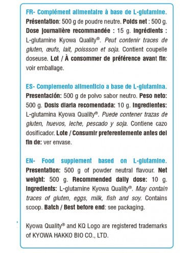 commandant costaud acides aminés GLUTAMINE PERFECT 500g BUDDY SUPPLEMENTS 100% pure L-glutamine Kyowa quality masse musculaire récupération amélioration digestion image étiquette