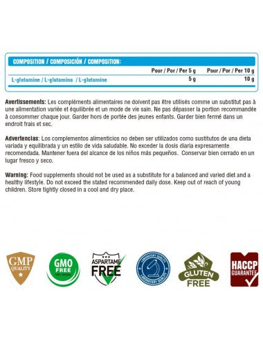 commandant costaud acides aminés GLUTAMINE PERFECT 500g BUDDY SUPPLEMENTS 100% pure L-glutamine Kyowa quality masse musculaire récupération amélioration digestion image valeurs